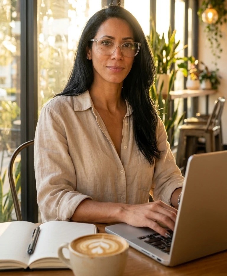 Mulher de óculos trabalhando em um notebook em um café