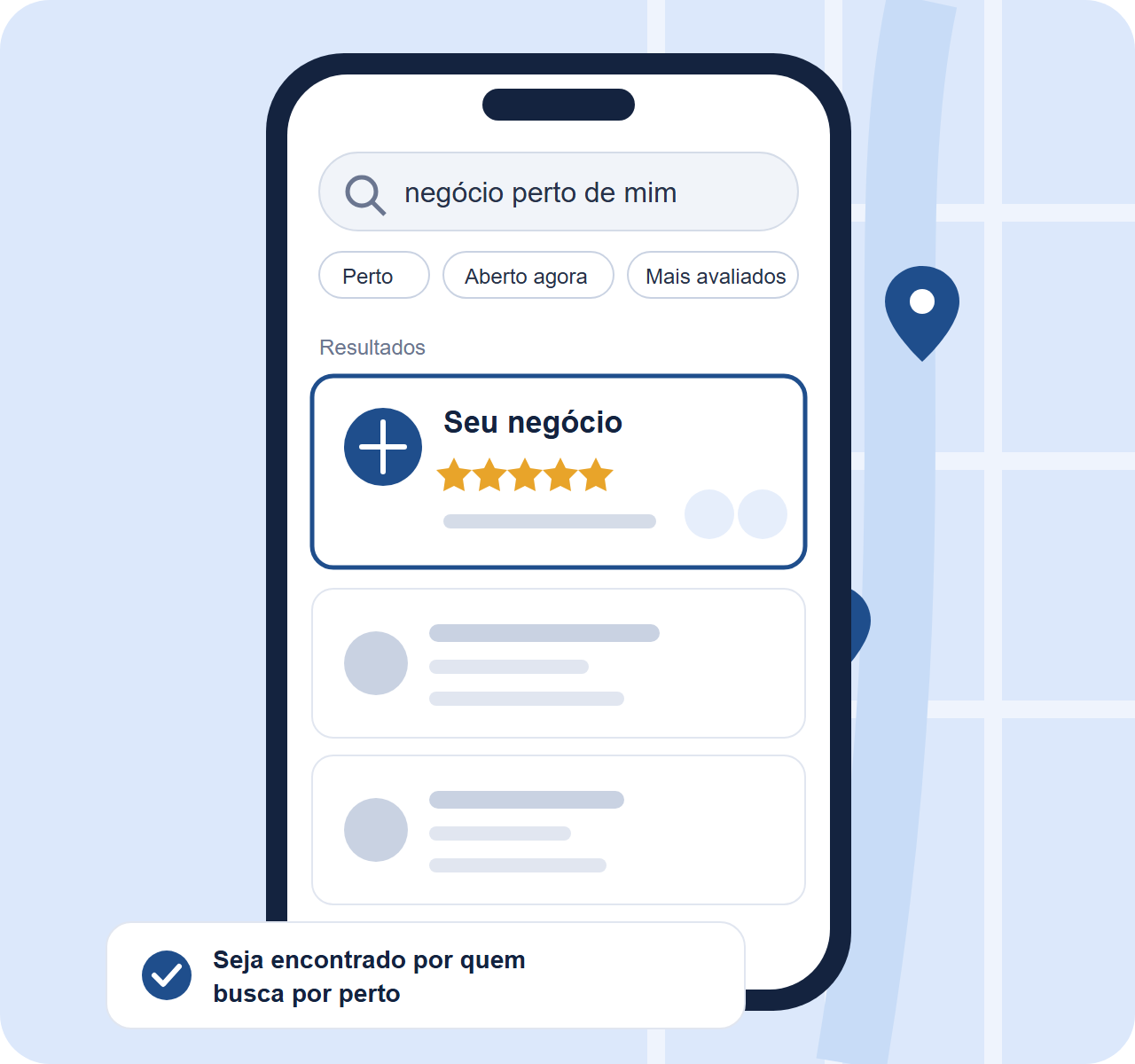 Ilustração de um celular mostrando uma busca por negócios perto de mim no mapa, com um cartão em destaque chamado Seu negócio